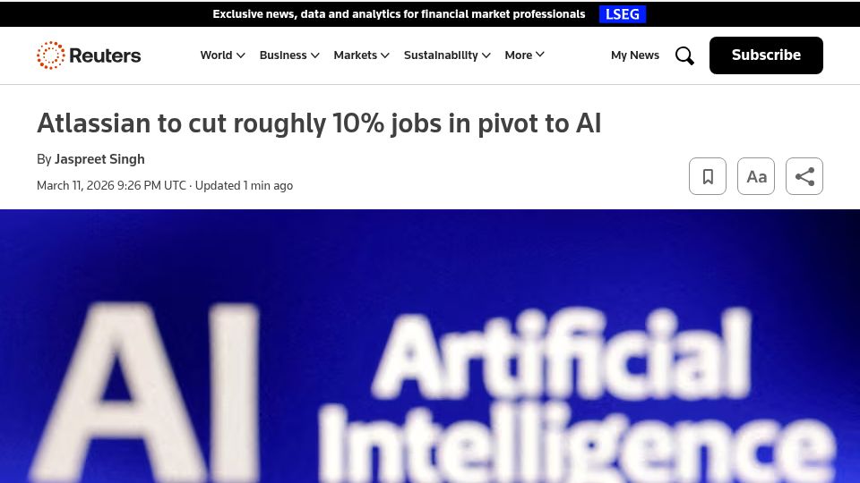 Screenshot of reuters.com: Atlassian to cut roughly 1,600 jobs in pivot to AI