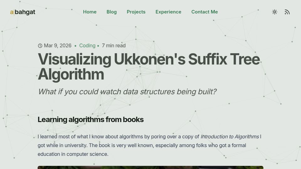 Screenshot of abahgat.com: Visualizing Ukkonen's Suffix Tree Algorithm