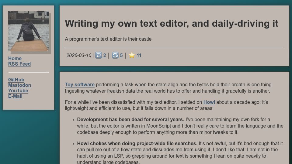 Screenshot of blog.jsbarretto.com: Writing my own text editor, and daily-driving it