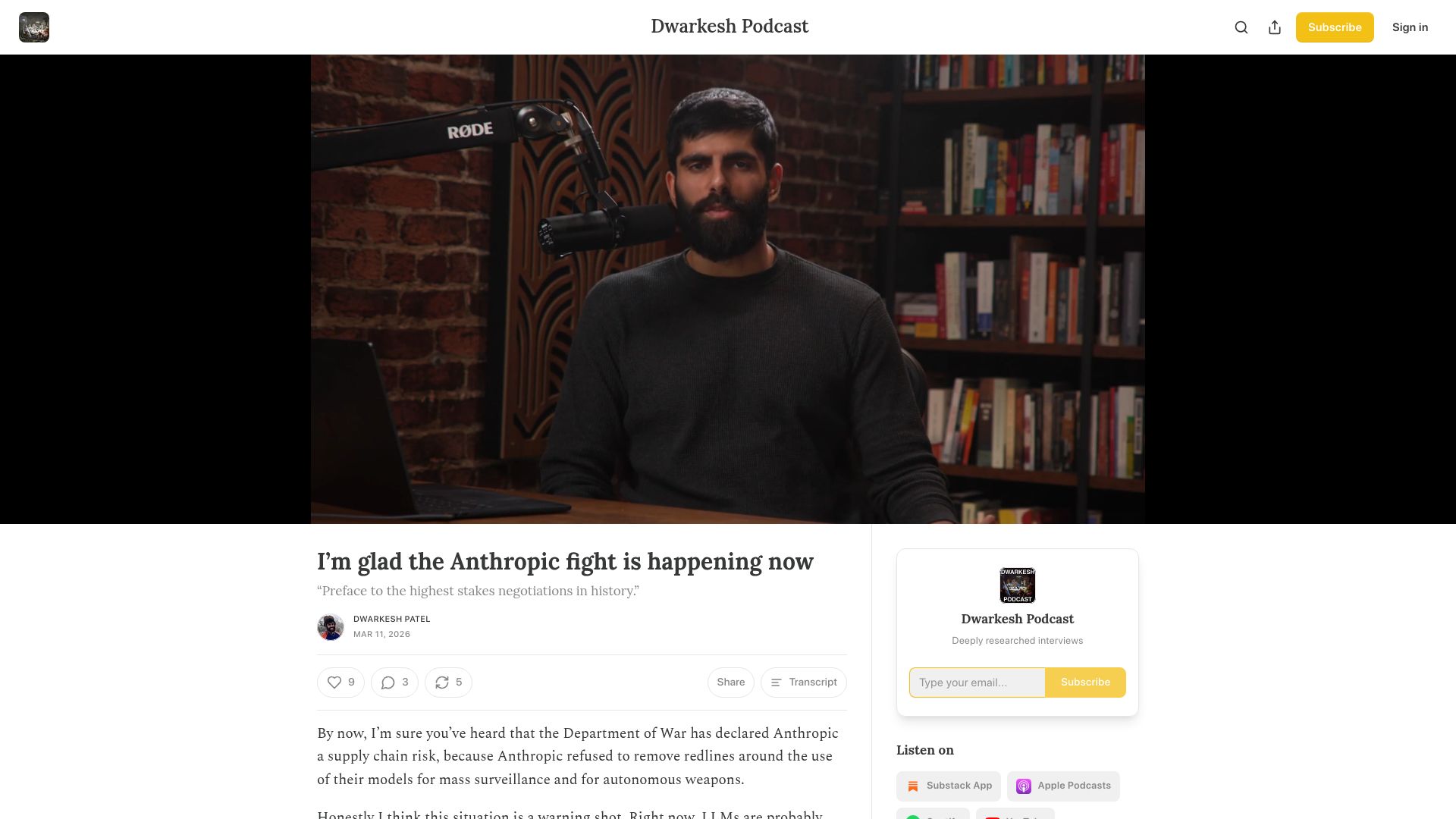 Screenshot of dwarkesh.com: I'm glad the Anthropic fight is happening now