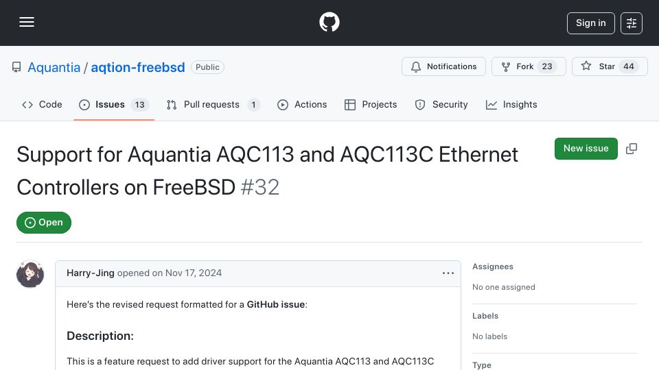 Screenshot of github.com: Support for Aquantia AQC113 and AQC113C Ethernet Controllers on FreeBSD