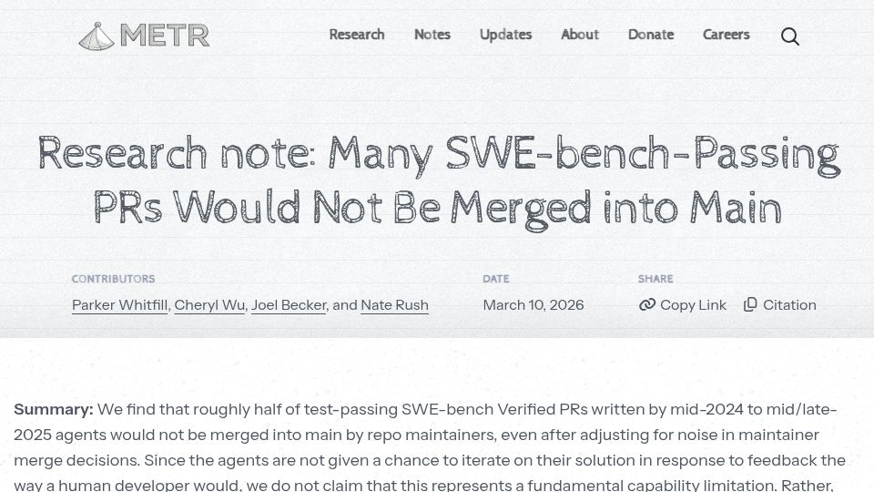 Screenshot of metr.org: Many SWE-bench-Passing PRs would not be merged
