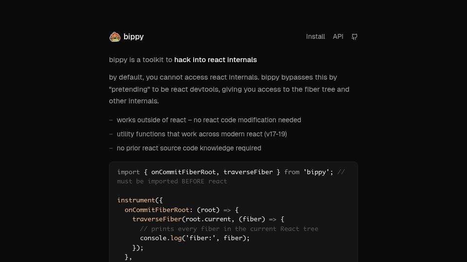 Screenshot of bippy.dev: Bippy: React Internals Toolkit