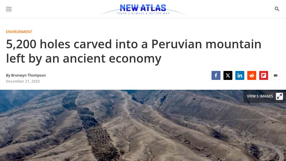 Screenshot of newatlas.com: 5,200 holes carved into a Peruvian mountain left by an ancient economy