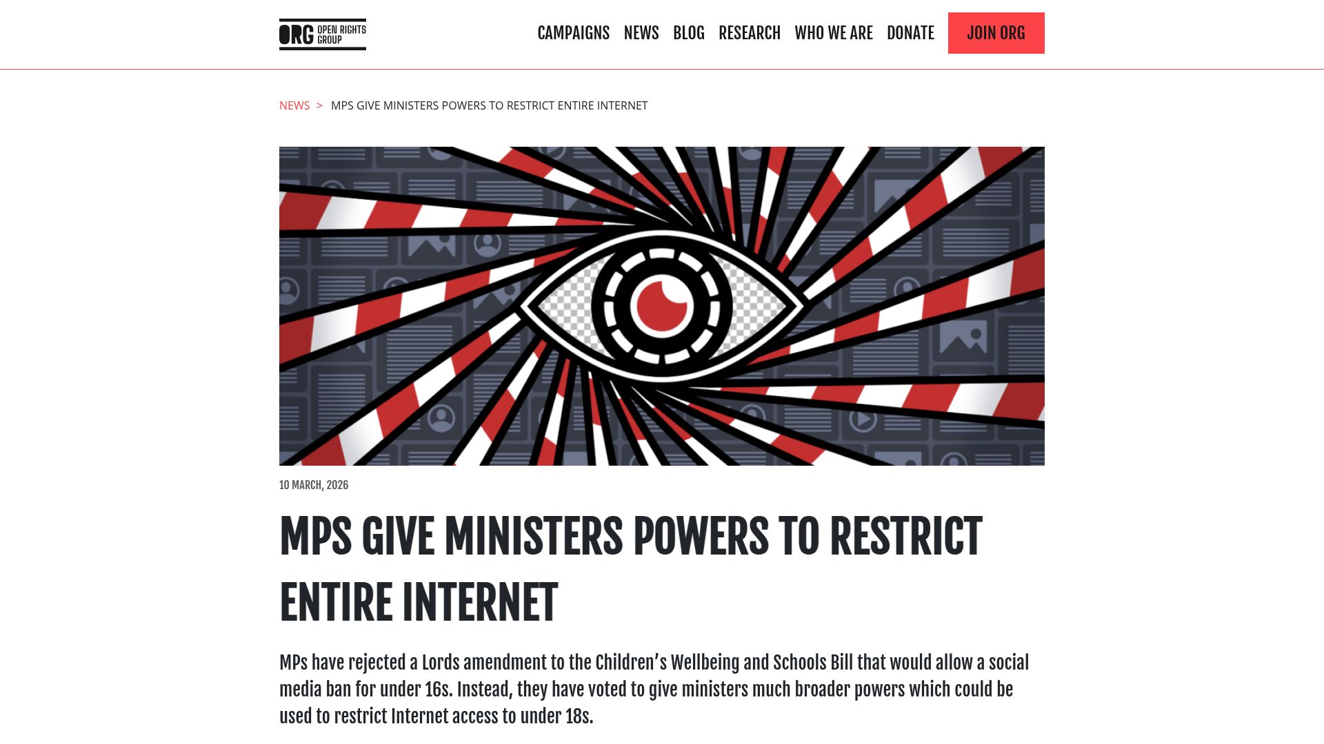 Screenshot of openrightsgroup.org: UK MPs give ministers powers to restrict Internet for under 18s