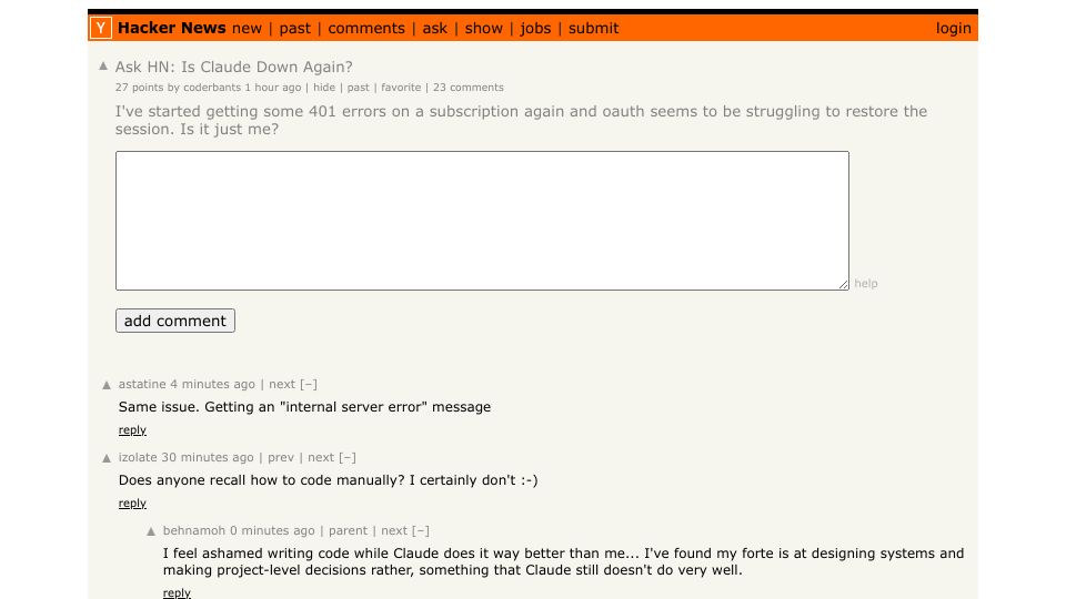 Screenshot of Hacker News post: Ask HN: Is Claude Down Again?