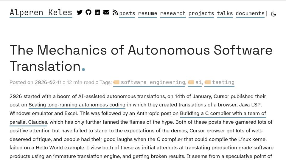 Screenshot of alperenkeles.com: The mechanics of autonomous software translation