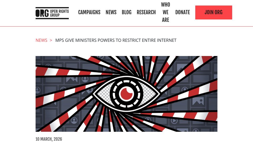 Screenshot of openrightsgroup.org: UK MPs give ministers powers to restrict Internet for under 18s