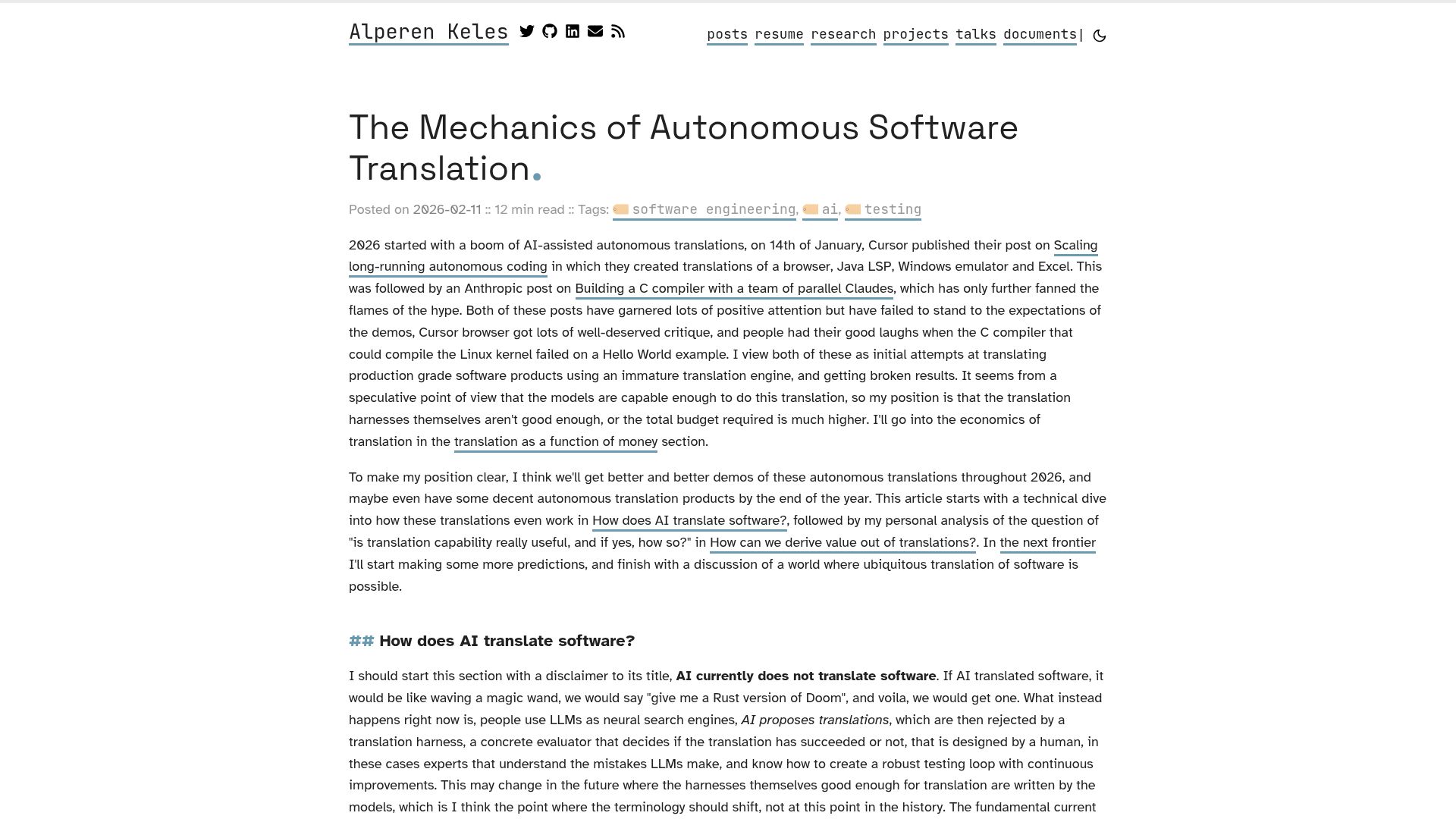 Screenshot of alperenkeles.com: The mechanics of autonomous software translation