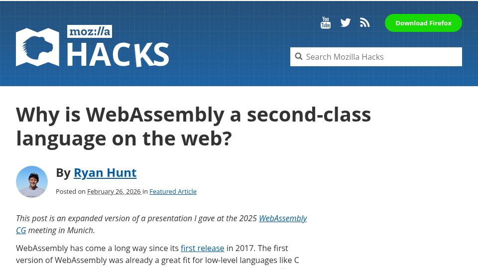 Screenshot of hacks.mozilla.org: Making WebAssembly a first-class language on the Web