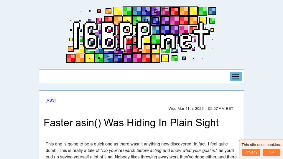 Screenshot of 16bpp.net: Faster asin() was hiding in plain sight