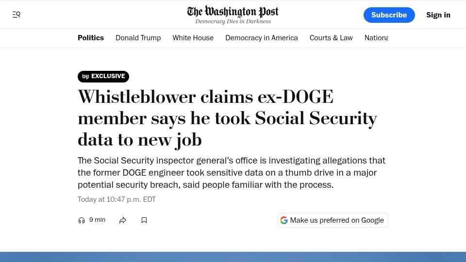 Screenshot of washingtonpost.com: Whistleblower claims ex-DOGE member says he took Social Security data to new job