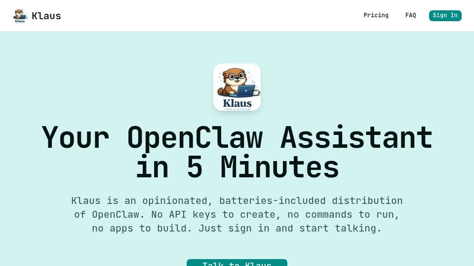Screenshot of klausai.com: Show HN: Klaus – OpenClaw on a VM, batteries included