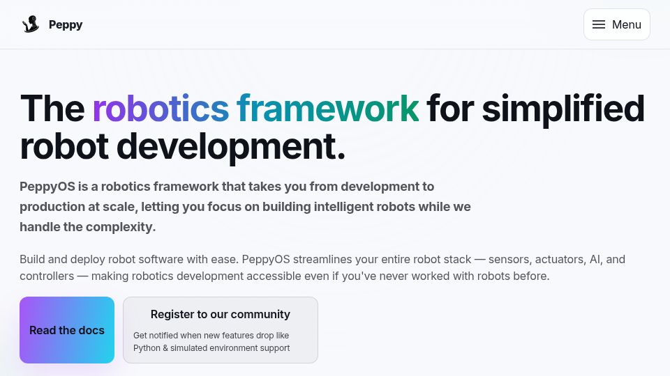 Screenshot of peppy.bot: PeppyOS: A simpler alternative to ROS 2 (now with containers support)