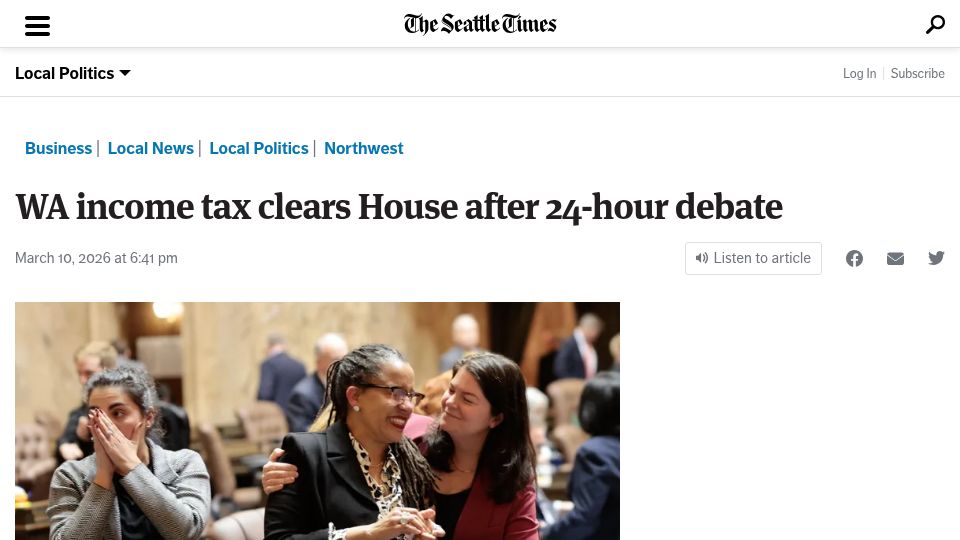 Screenshot of seattletimes.com: WA income tax clears House after 24-hour debate