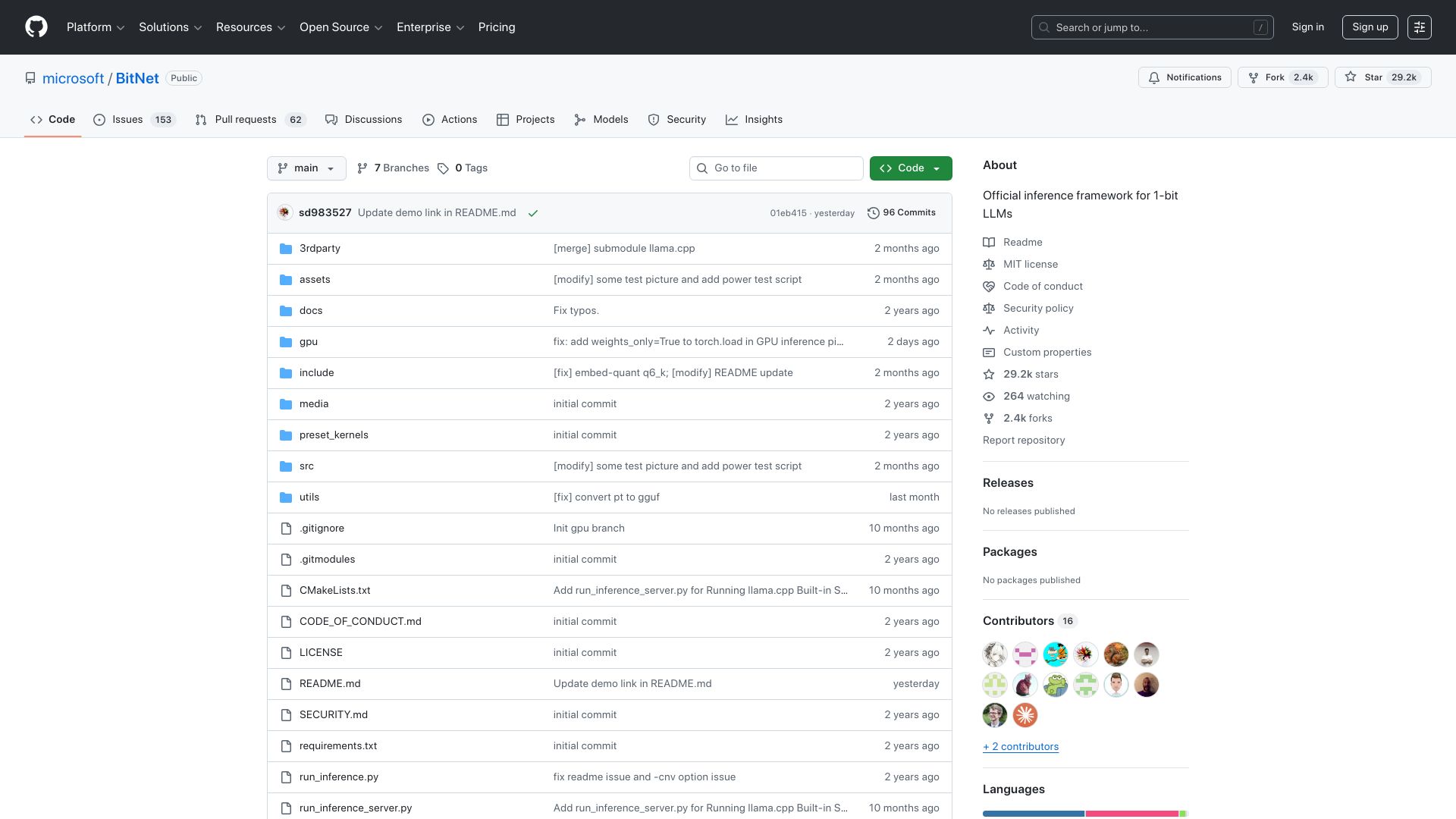 Screenshot of github.com: BitNet: Inference framework for 1-bit LLMs