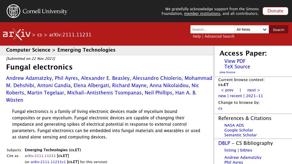 Screenshot of arxiv.org: Fungal Electronics (2021)