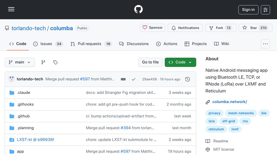 Screenshot of github.com: Mesh over Bluetooth LE, TCP, or Reticulum