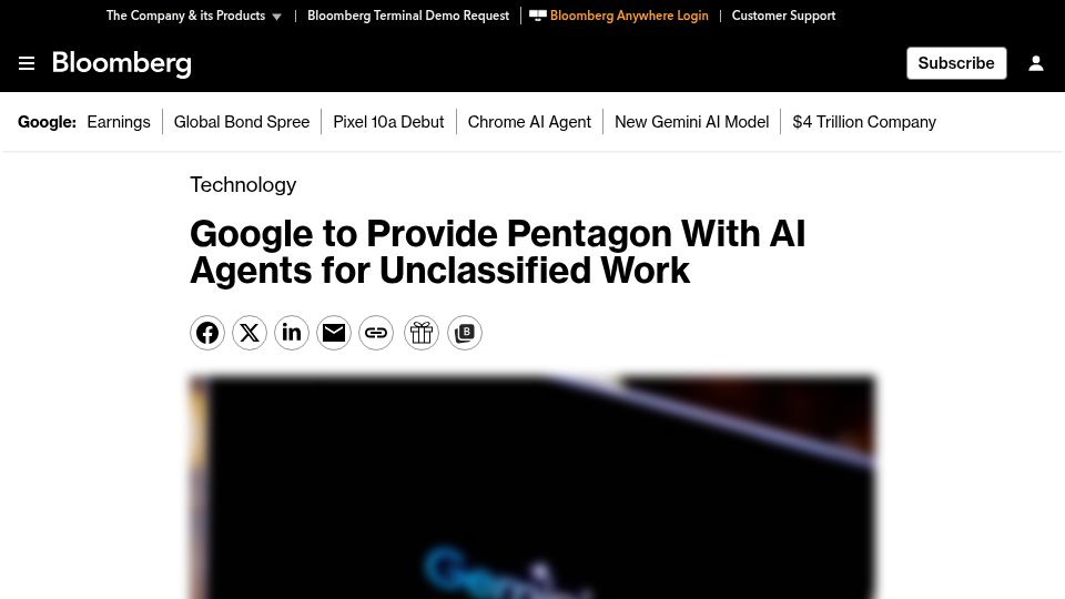 Screenshot of bloomberg.com: Google to Provide Pentagon with AI Agents