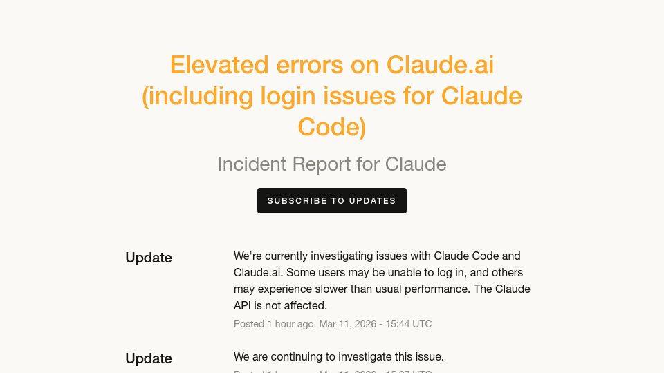 Screenshot of status.claude.com: Elevated errors on login with Claude Code