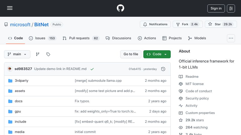 Screenshot of github.com: BitNet: Inference framework for 1-bit LLMs