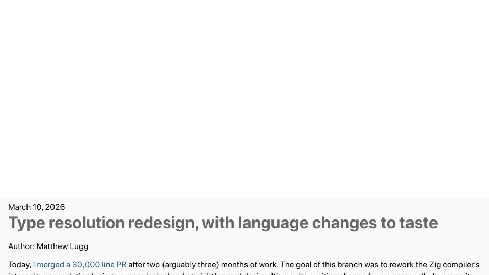 Screenshot of ziglang.org: Zig – Type Resolution Redesign and Language Changes