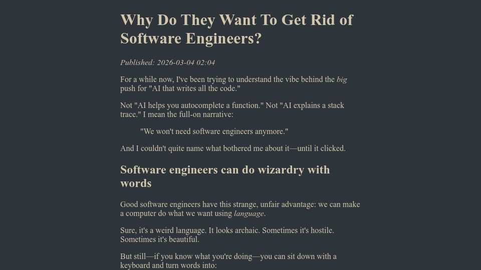 Screenshot of jrswab.com: Why Do They Want to Get Rid of Software Engineers?