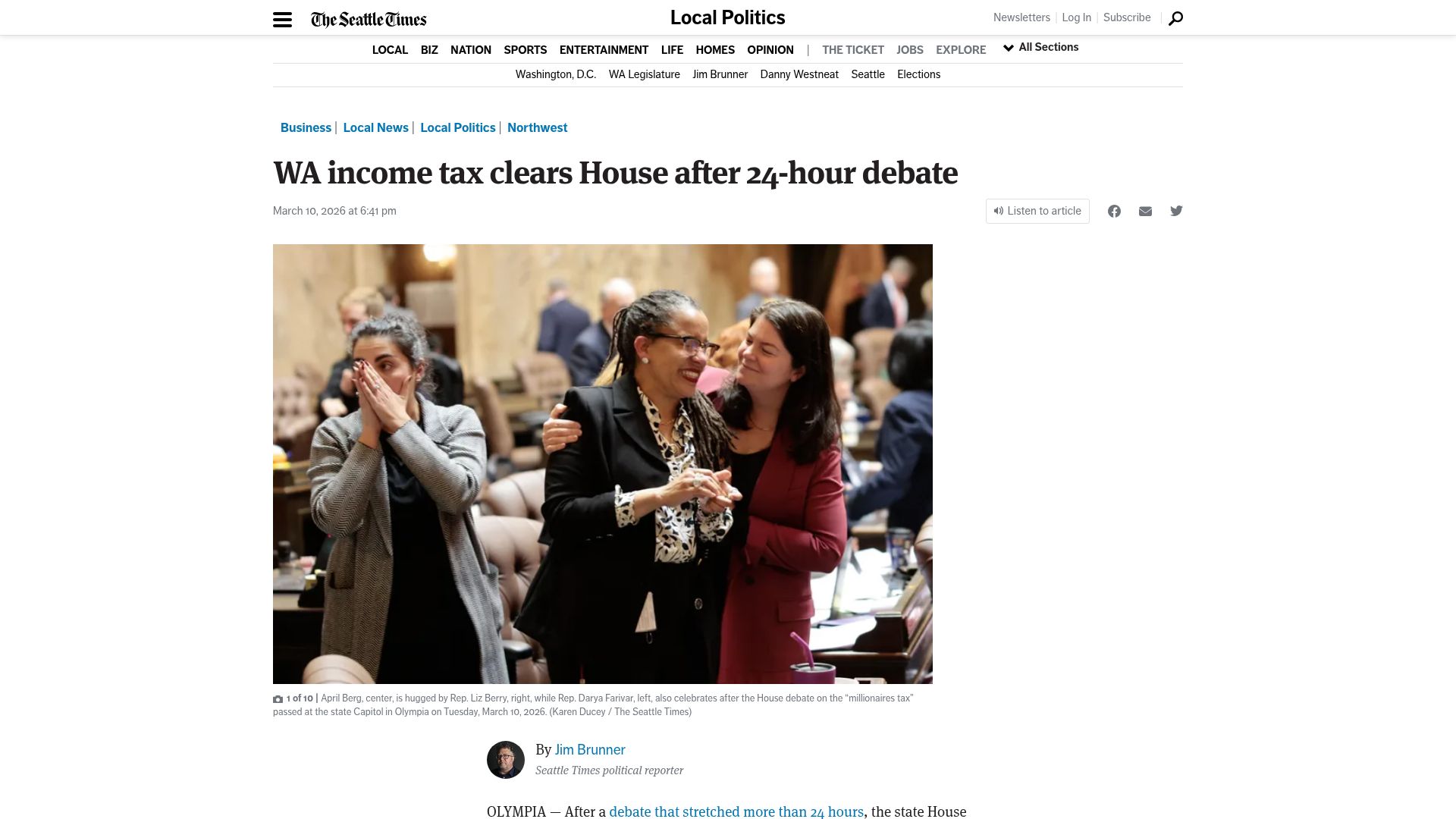 Screenshot of seattletimes.com: WA income tax clears House after 24-hour debate