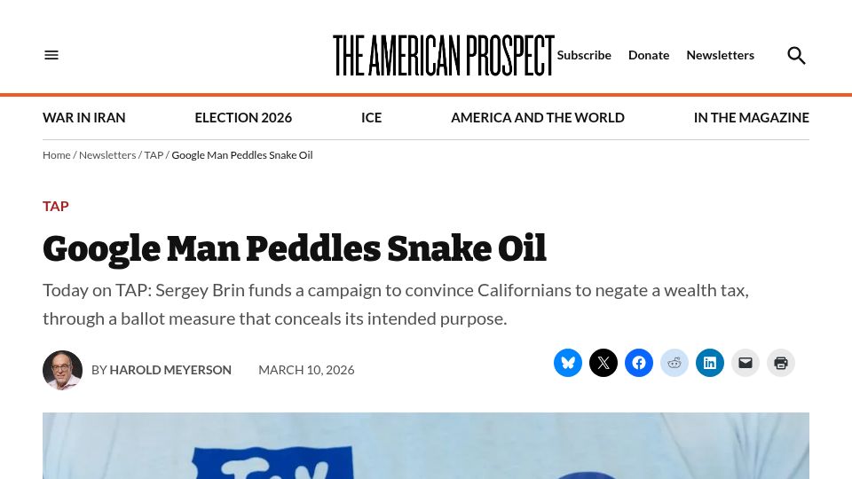 Screenshot of prospect.org: Sergey Brin Funds Misleading Ballot Measure to Negate Wealth Tax