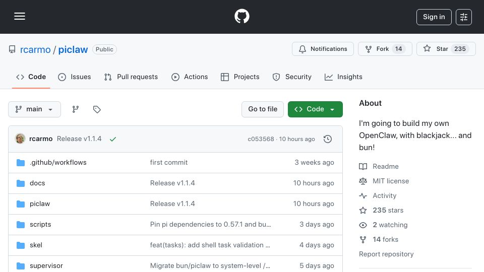 Screenshot of github.com: I'm going to build my own OpenClaw, with blackjack and bun