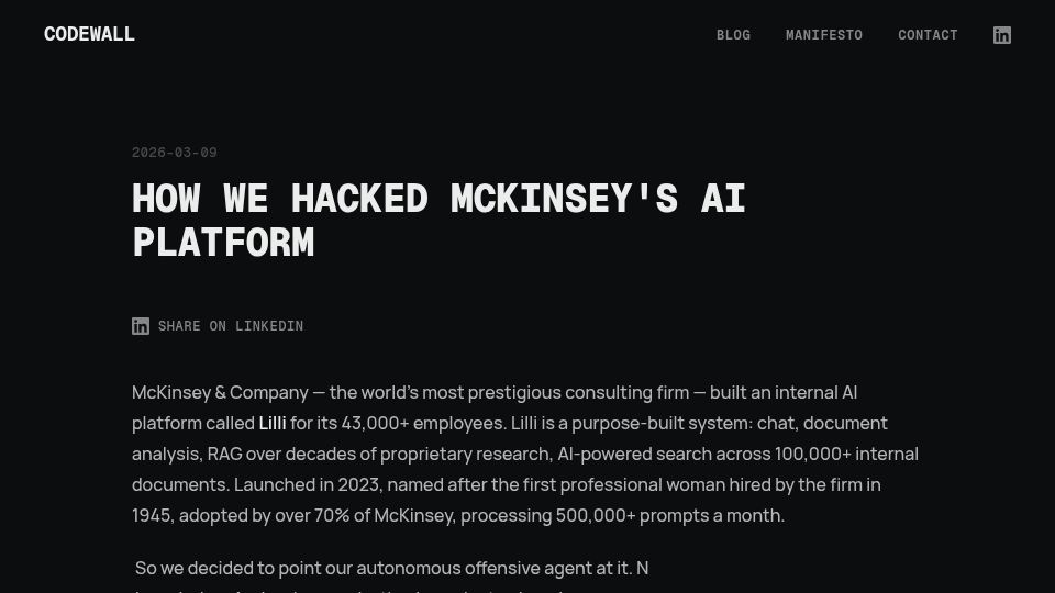 Screenshot of codewall.ai: How we hacked McKinsey's AI platform