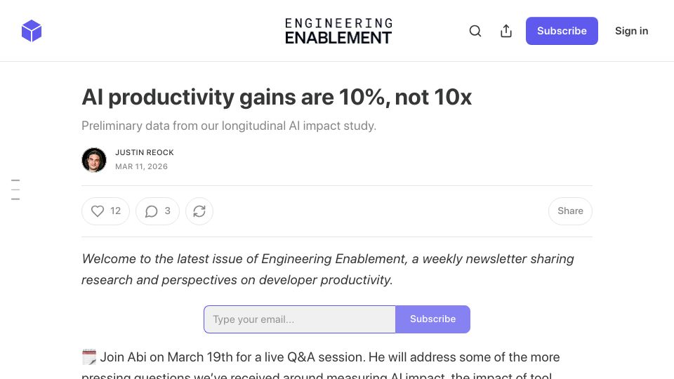 Screenshot of newsletter.getdx.com: Preliminary data from a longitudinal AI impact study