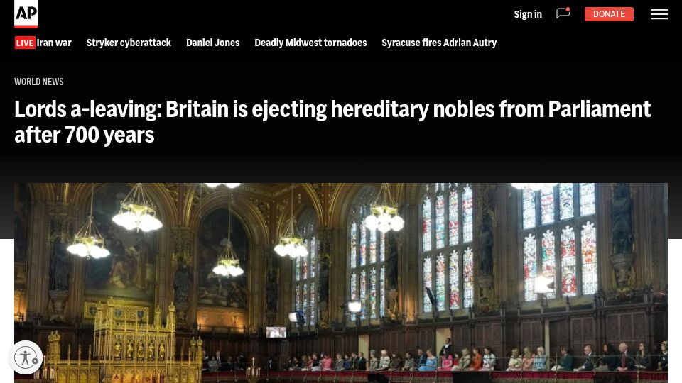 Screenshot of apnews.com: Britain is ejecting hereditary nobles from Parliament after 700 years