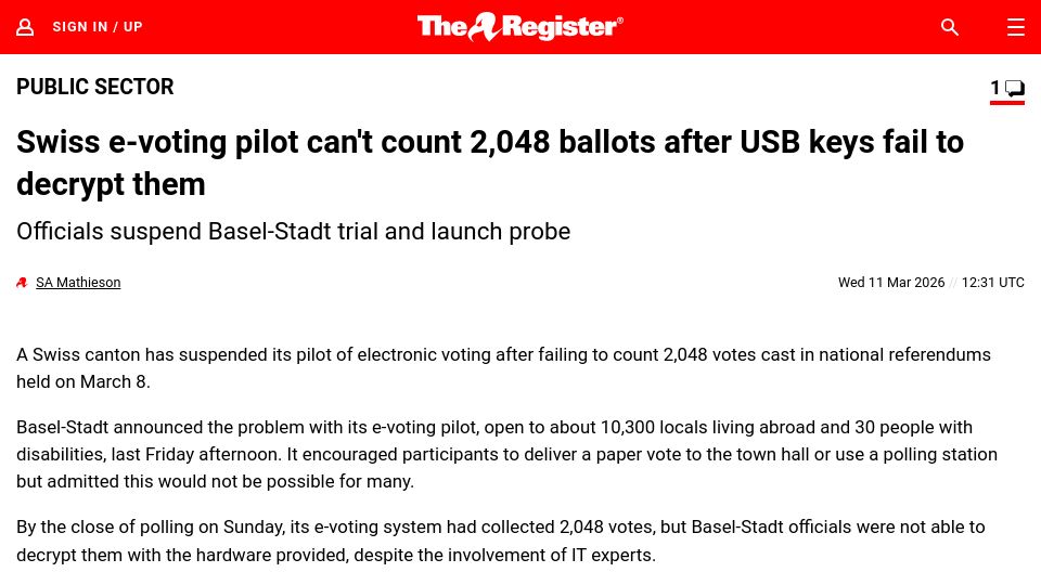 Screenshot of theregister.com: Swiss e-voting pilot can't count 2,048 ballots after decryption failure