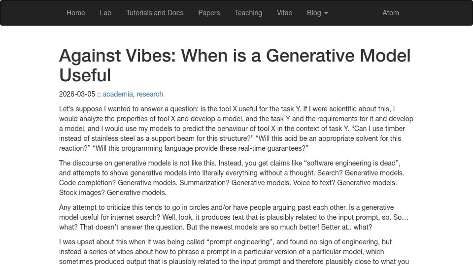 Screenshot of williamjbowman.com: Against vibes: When is a generative model useful
