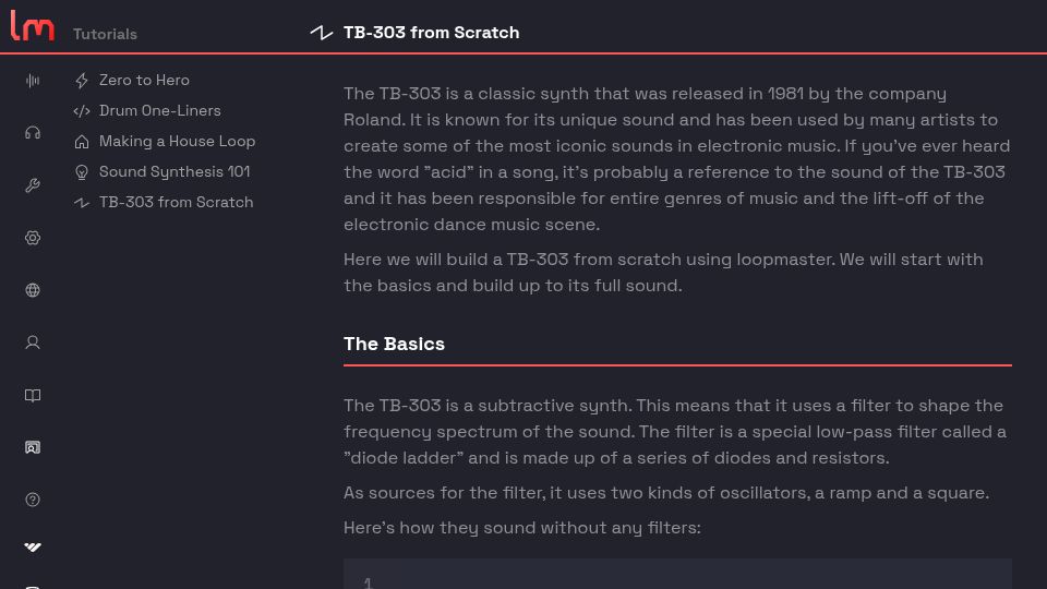 Screenshot of loopmaster.xyz: Building a TB-303 from Scratch