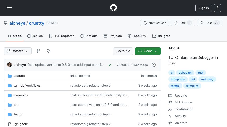 Screenshot of github.com: CRusTTY: A pedagogical C interpreter with time-travel debugging capabilities