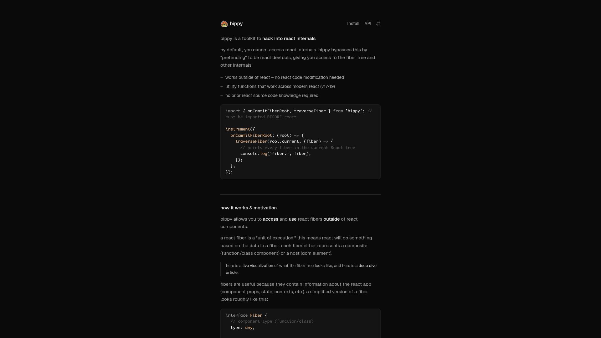 Screenshot of bippy.dev: Bippy: React Internals Toolkit