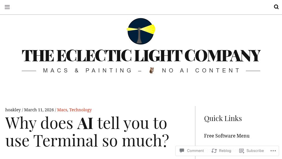 Screenshot of eclecticlight.co: Why does AI tell you to use Terminal so much?