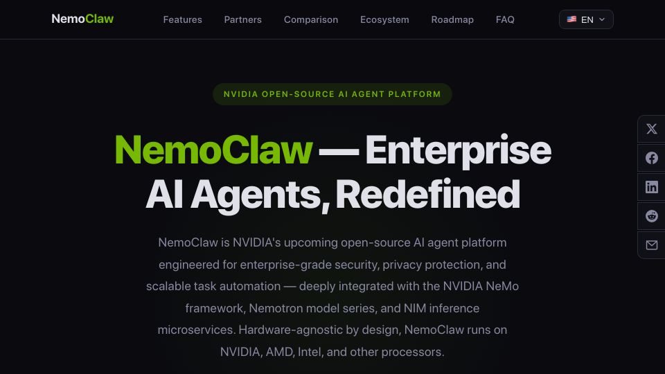 Screenshot of nemoclaw.bot: NemoClaw – Nvidia's upcoming open-source AI agent platform