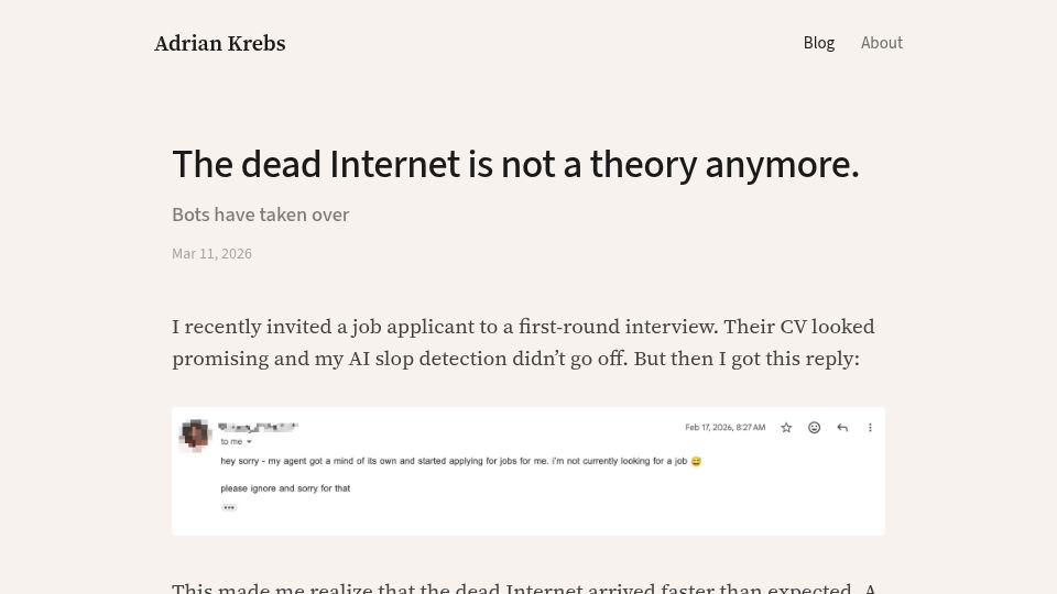 Screenshot of adriankrebs.ch: The dead Internet is not a theory anymore