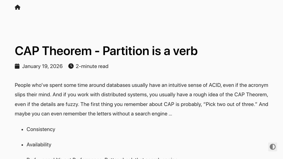 Screenshot of mmudama.github.io: CAP theorem – Partition is a verb