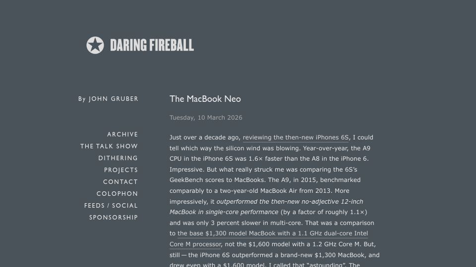 Screenshot of daringfireball.net: The MacBook Neo
