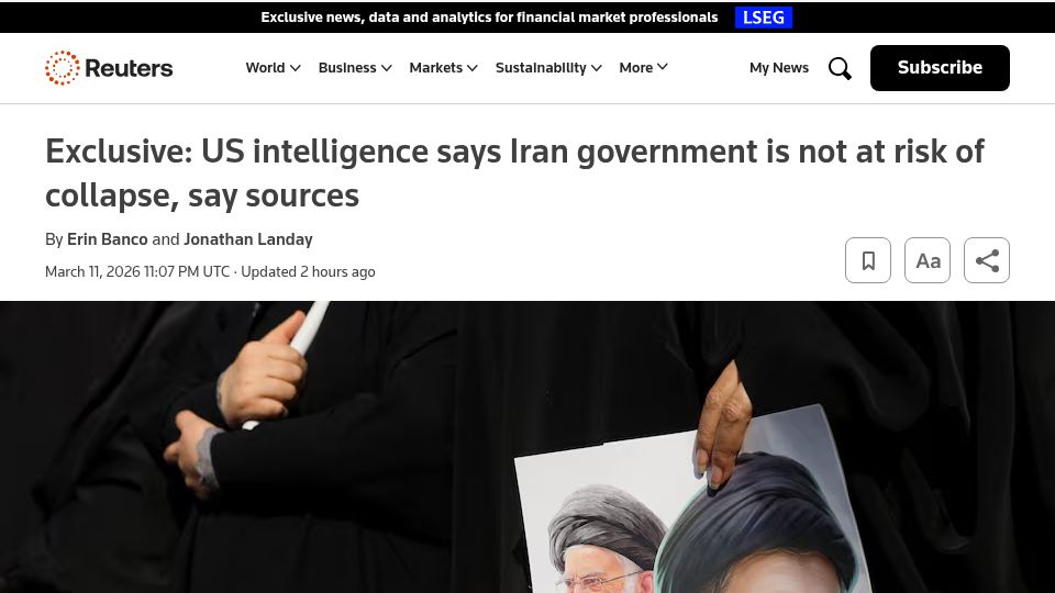 Screenshot of reuters.com: US intelligence says Iran government is not at risk of collapse
