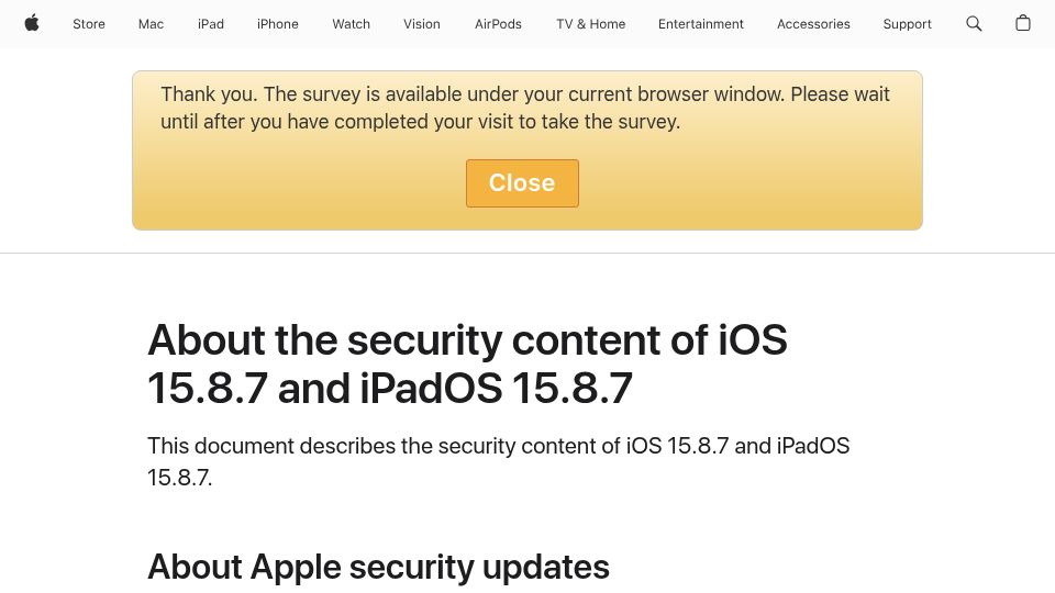 Screenshot of support.apple.com: Apple releases iOS 15.8.7 to fix Coruna exploit for iPhone 6S from 2015
