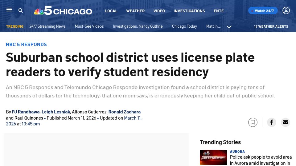 Screenshot of nbcchicago.com: Suburban school district uses license plate readers to verify student residency