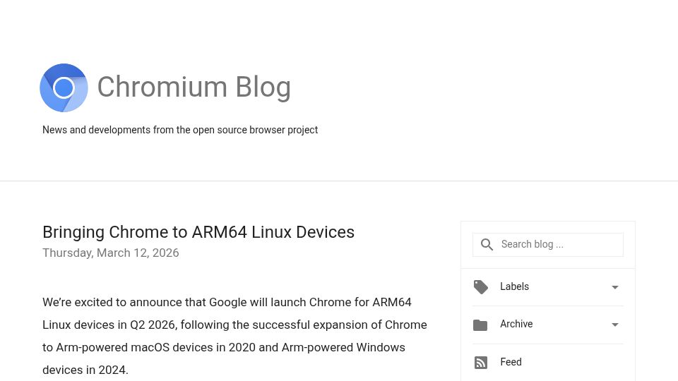 Screenshot of blog.chromium.org: Bringing Chrome to ARM64 Linux Devices