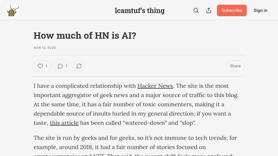 Screenshot of lcamtuf.substack.com: How much of HN is AI?