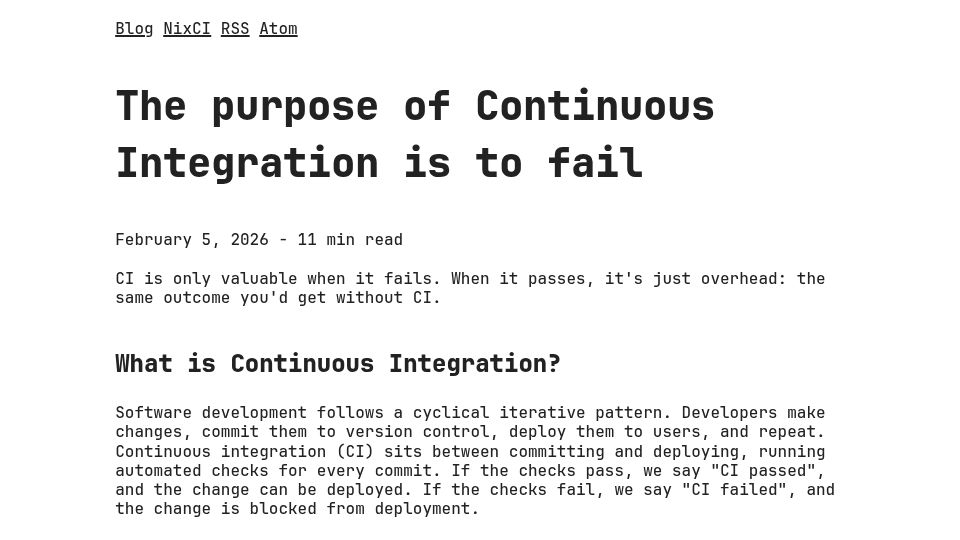 Screenshot of blog.nix-ci.com: The purpose of Continuous Integration is to fail