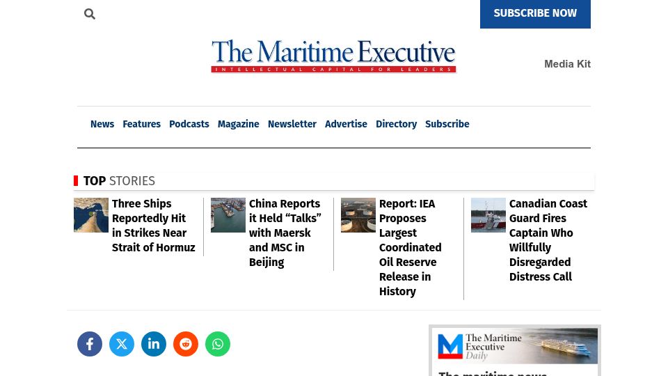 Screenshot of maritime-executive.com: U.S. Navy Turns Down Hormuz Escort Requests Because of High Risk